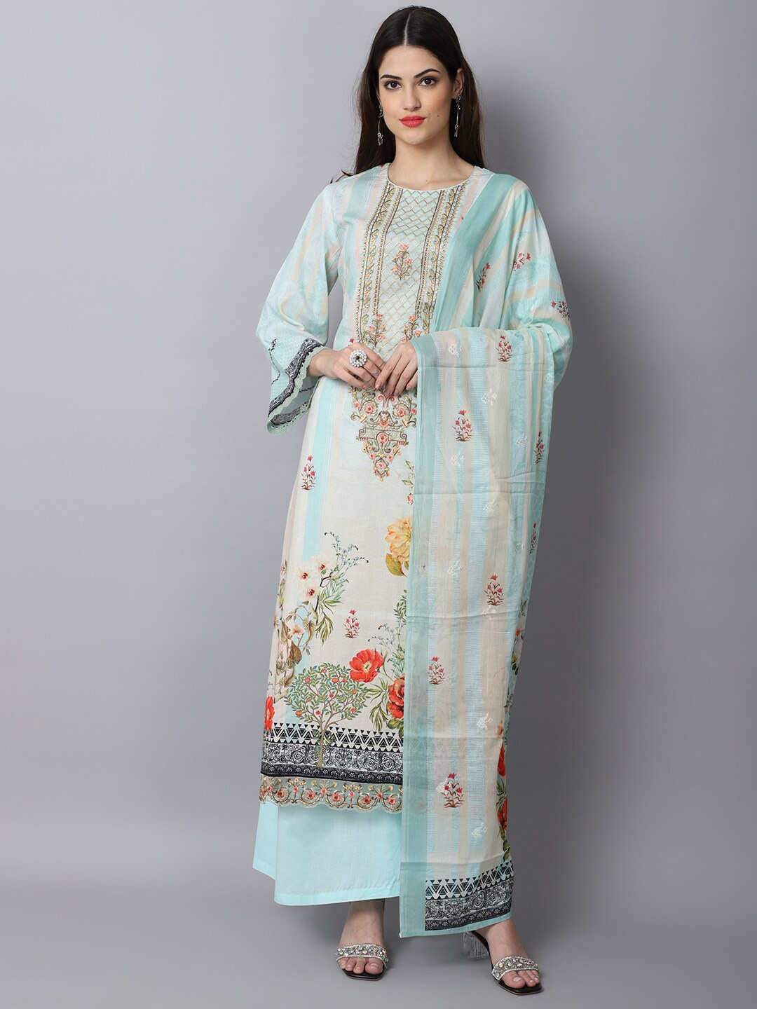 

Stylee LIFESTYLE Cream-Coloured & Blue Printed Unstitched Dress Material