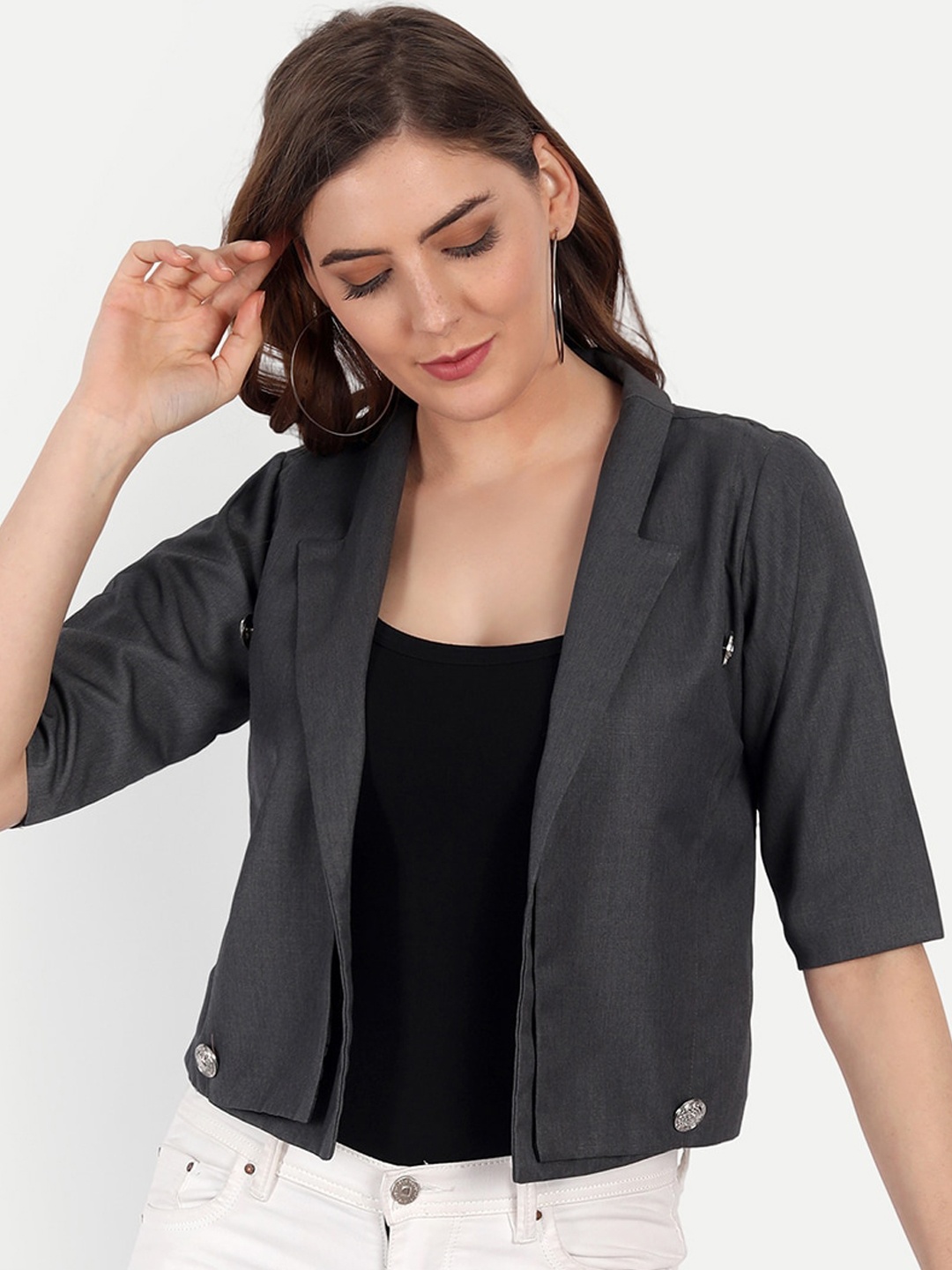 

KIROSHE BY KIRAN Women Grey Solid Front Open Blazers
