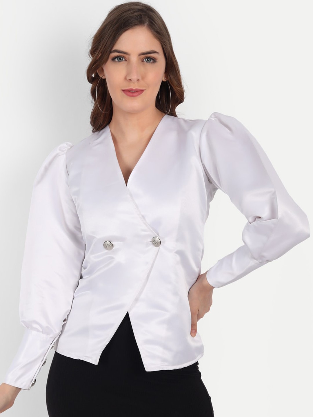 

KIROSHE BY KIRAN Women White Solid Double-Breasted Satin Blazers