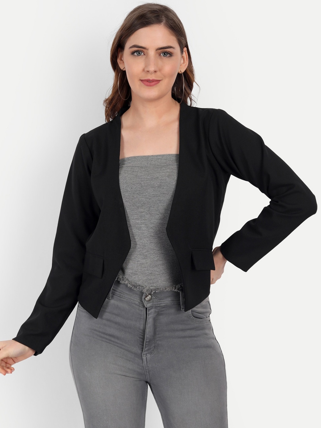 

KIROSHE BY KIRAN Women Black Solid Crop Blazers