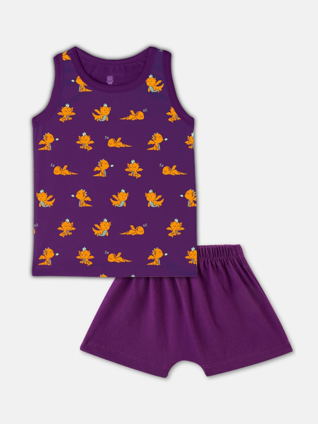 

Cuddles for Cubs Unisex Kids Purple & Orange Printed Top with Shorts
