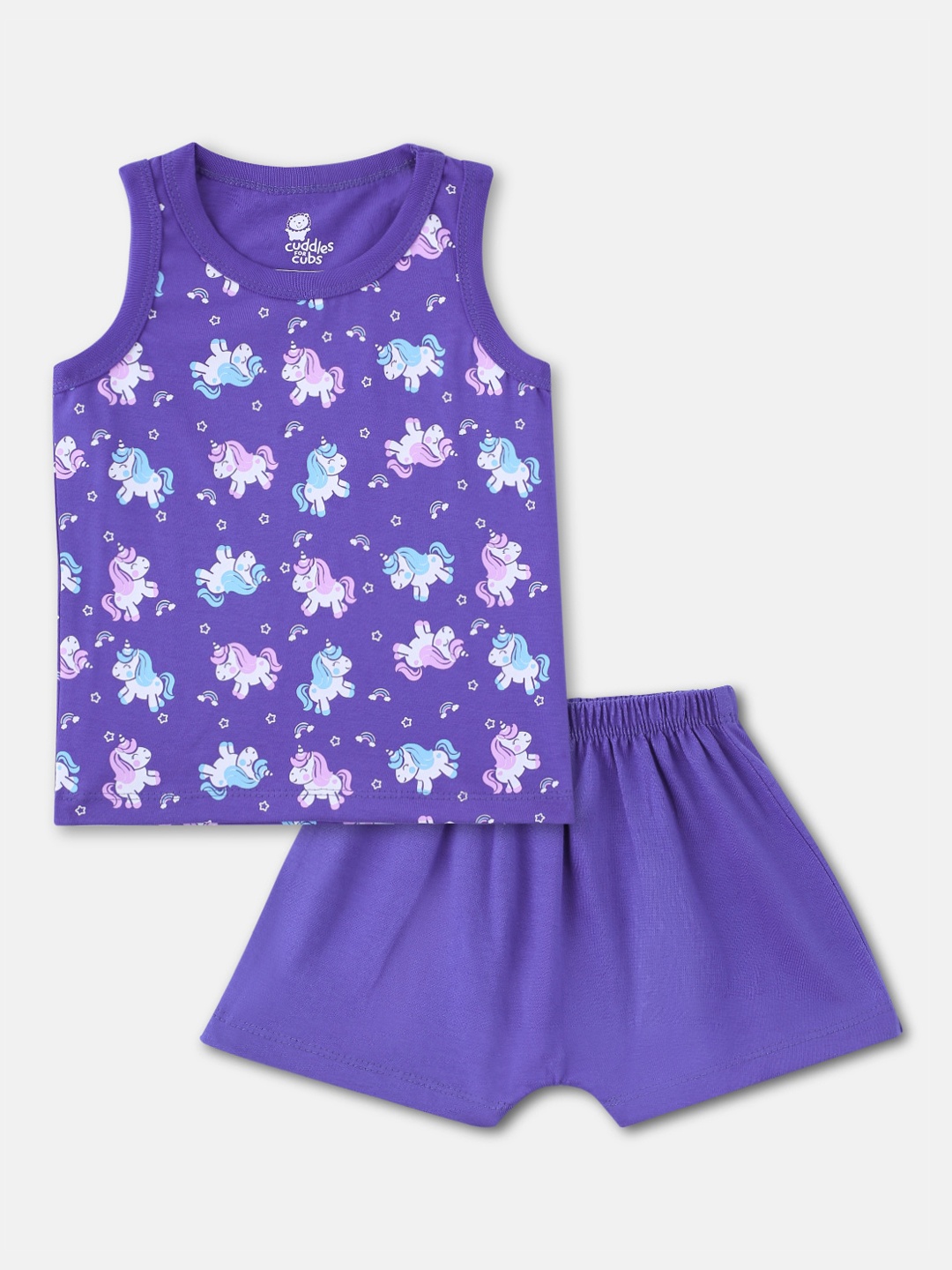 

Cuddles for Cubs Unisex Kids Purple Printed Clothing Set