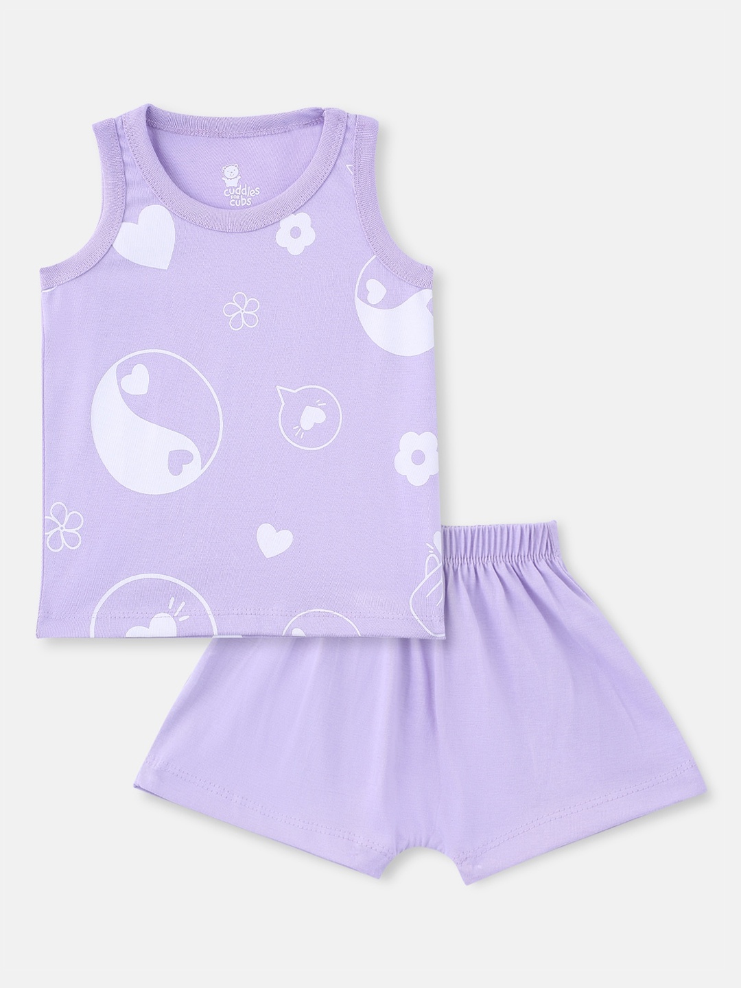 

Cuddles for Cubs Unisex Kids Purple & White Printed Top with Shorts
