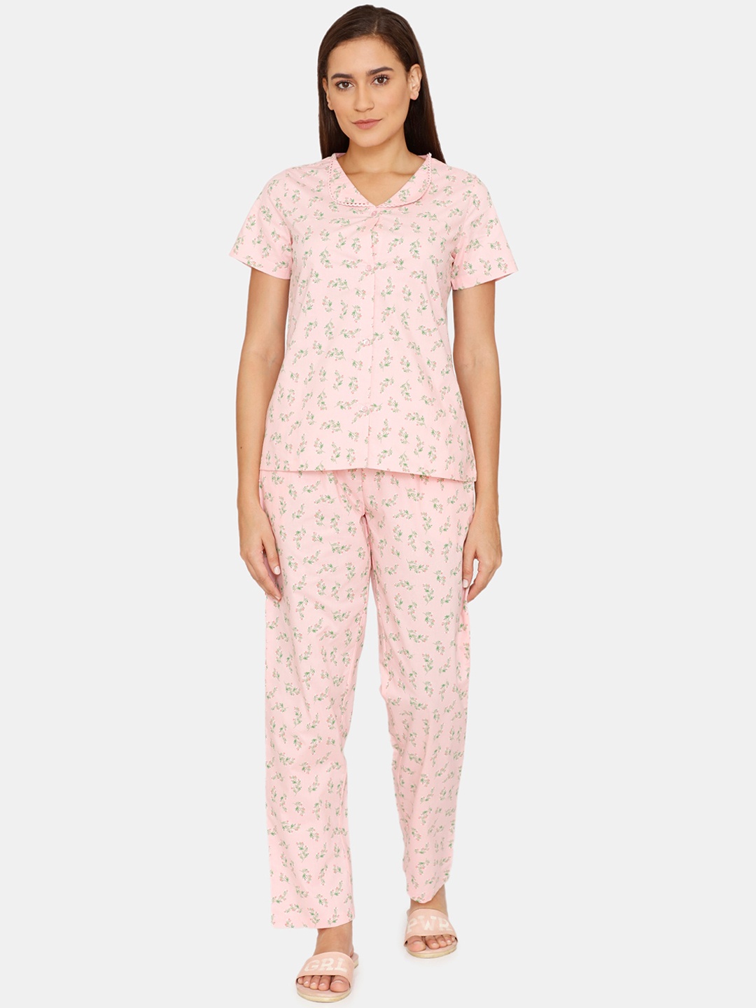 

Zivame Women Pink & Green Printed Night suit ZI623TFASHAPINK