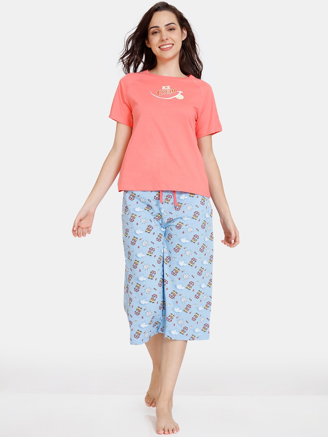 

Zivame Women Blue & Peach Printed Night suit