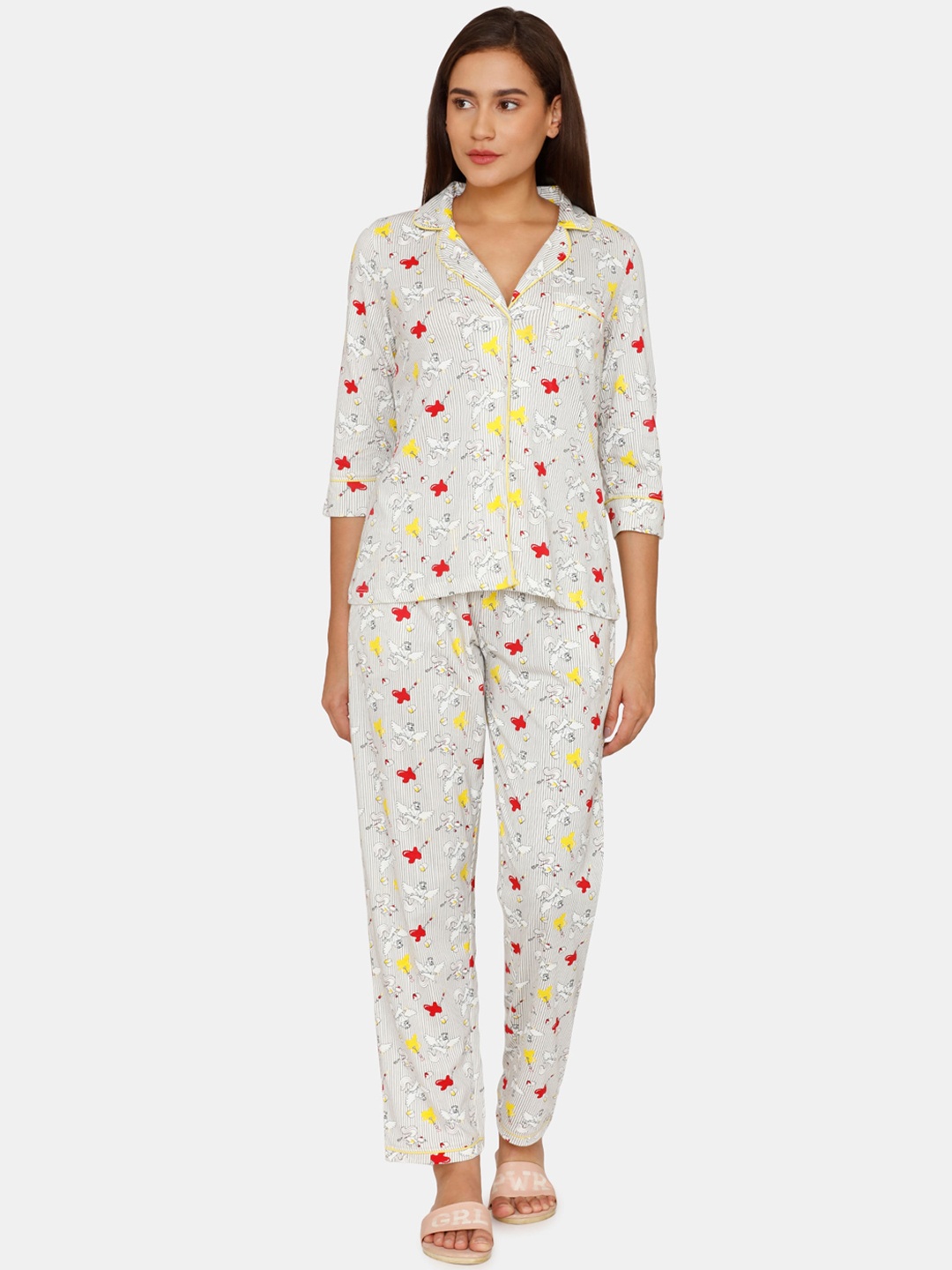 

Zivame Women White & Yellow Printed Night suit