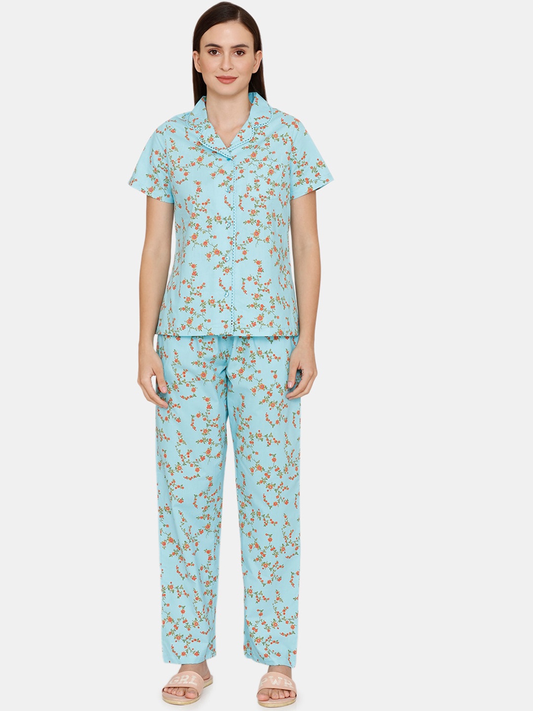 

Zivame Women Green & Orange Printed Pure Cotton Night suit