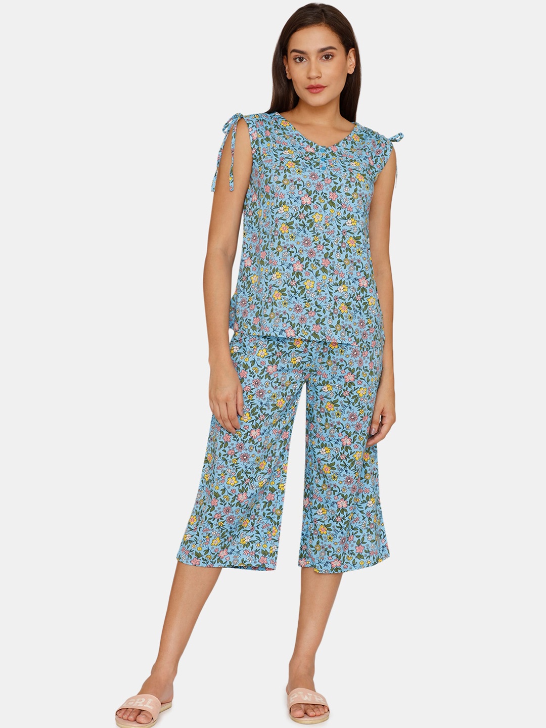 

Zivame Women Blue & Yellow Printed Night suit