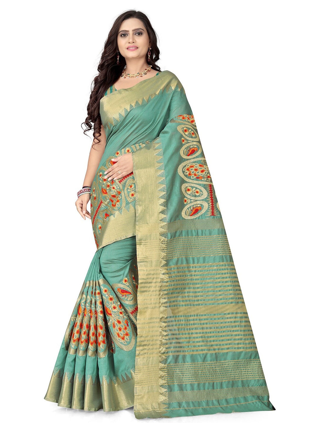 

KALINI Turquoise Blue & Gold-Toned Ethnic Motifs Zari Silk Cotton Bagh Saree