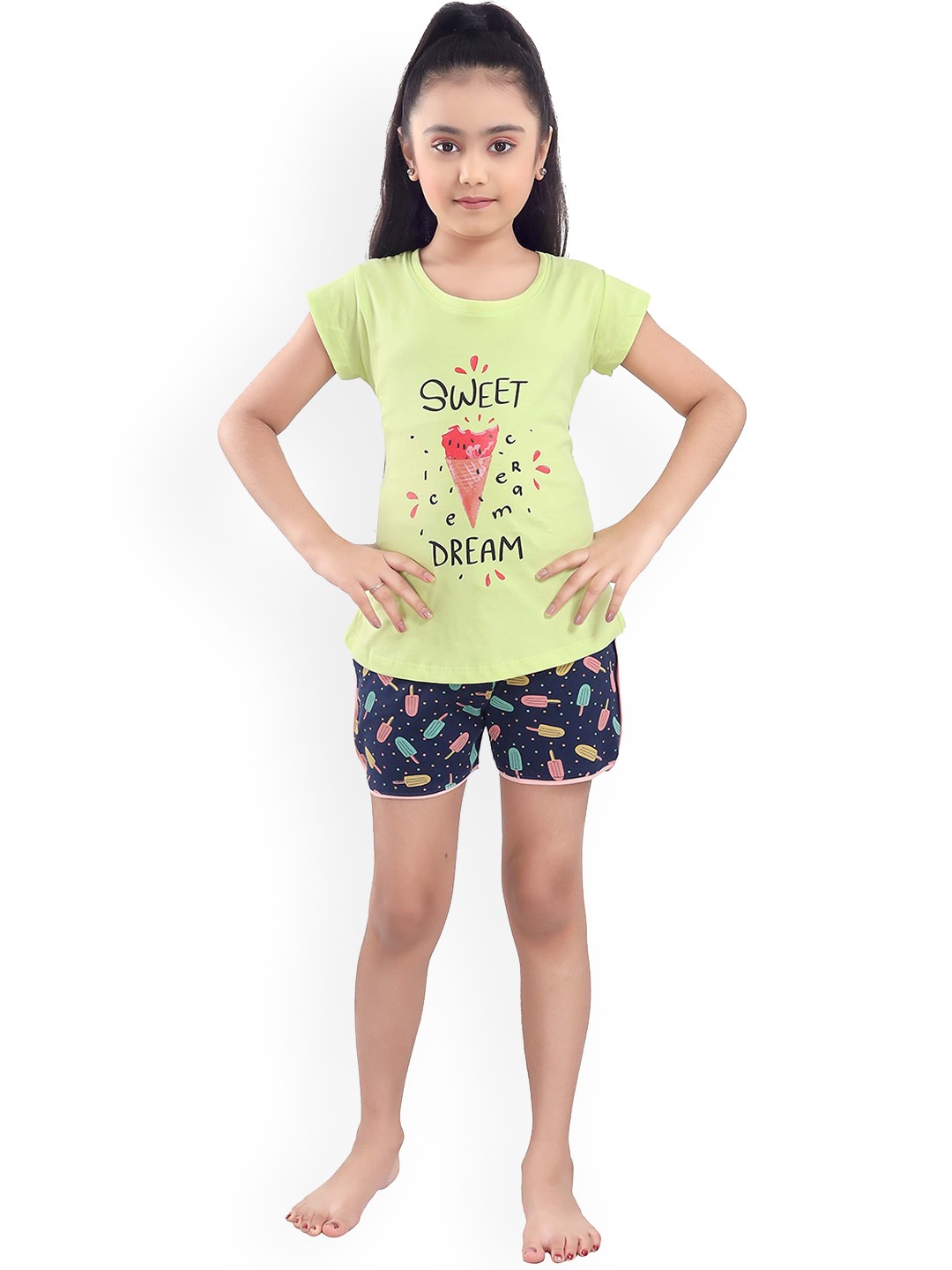 

9shines Label Girls Lime Green & Navy Blue Printed Night suit