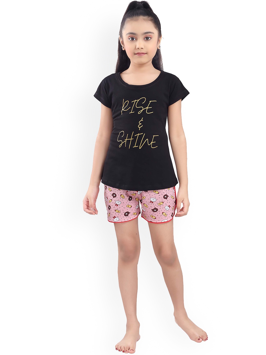 

9shines Label Girls Peach-Coloured & Black Printed Night suit