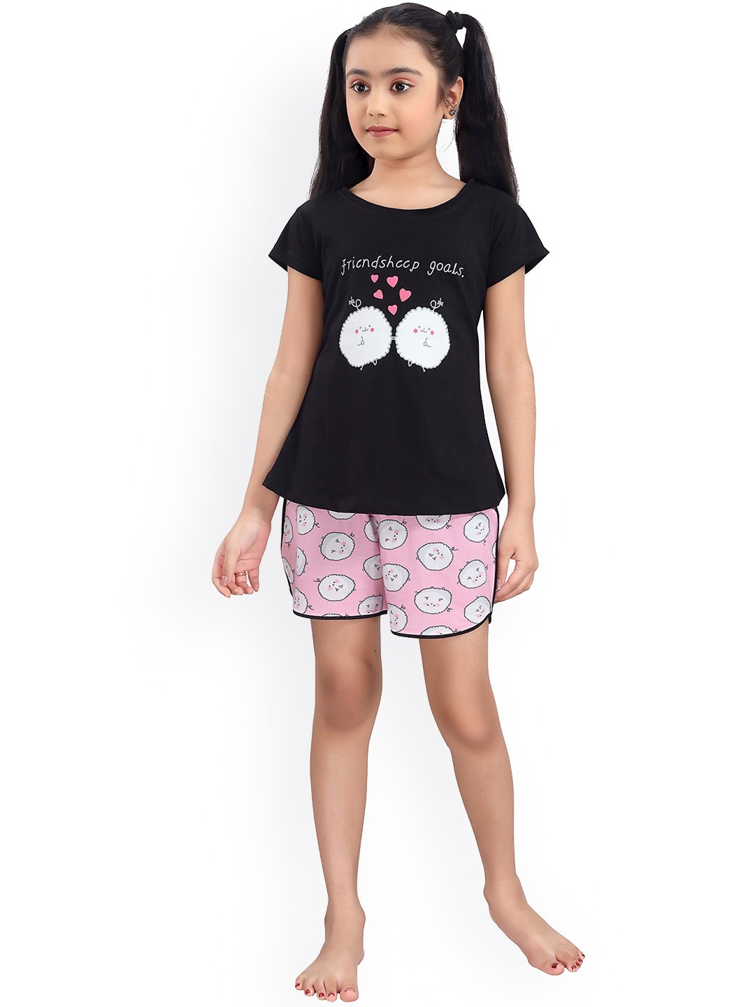 

9shines Label Girls Black & Pink Printed Pure Cotton Night Suit