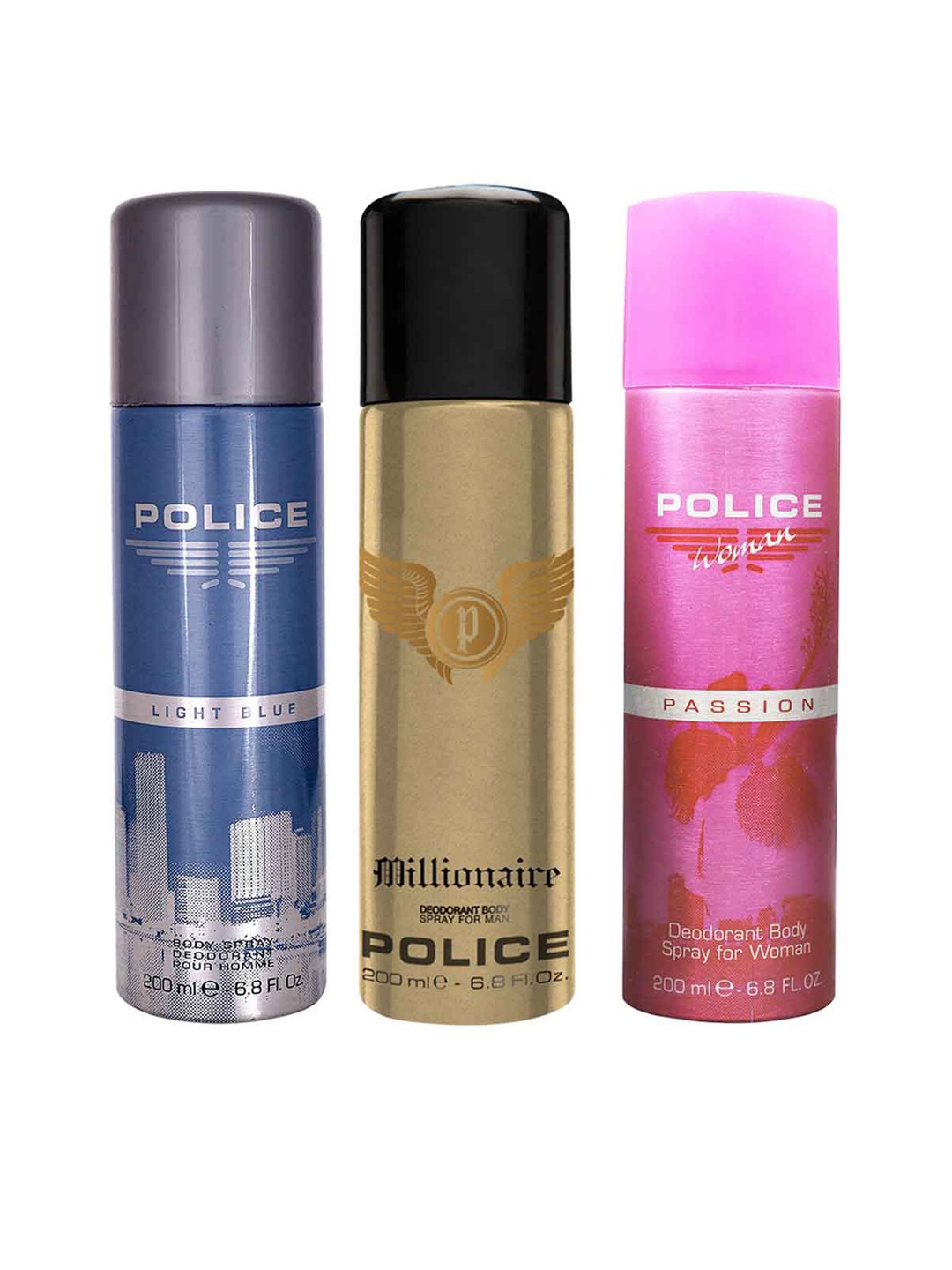 

Police Men & Women Set of 3 Deodorants Light Blue Millionaire Passion 200ml each