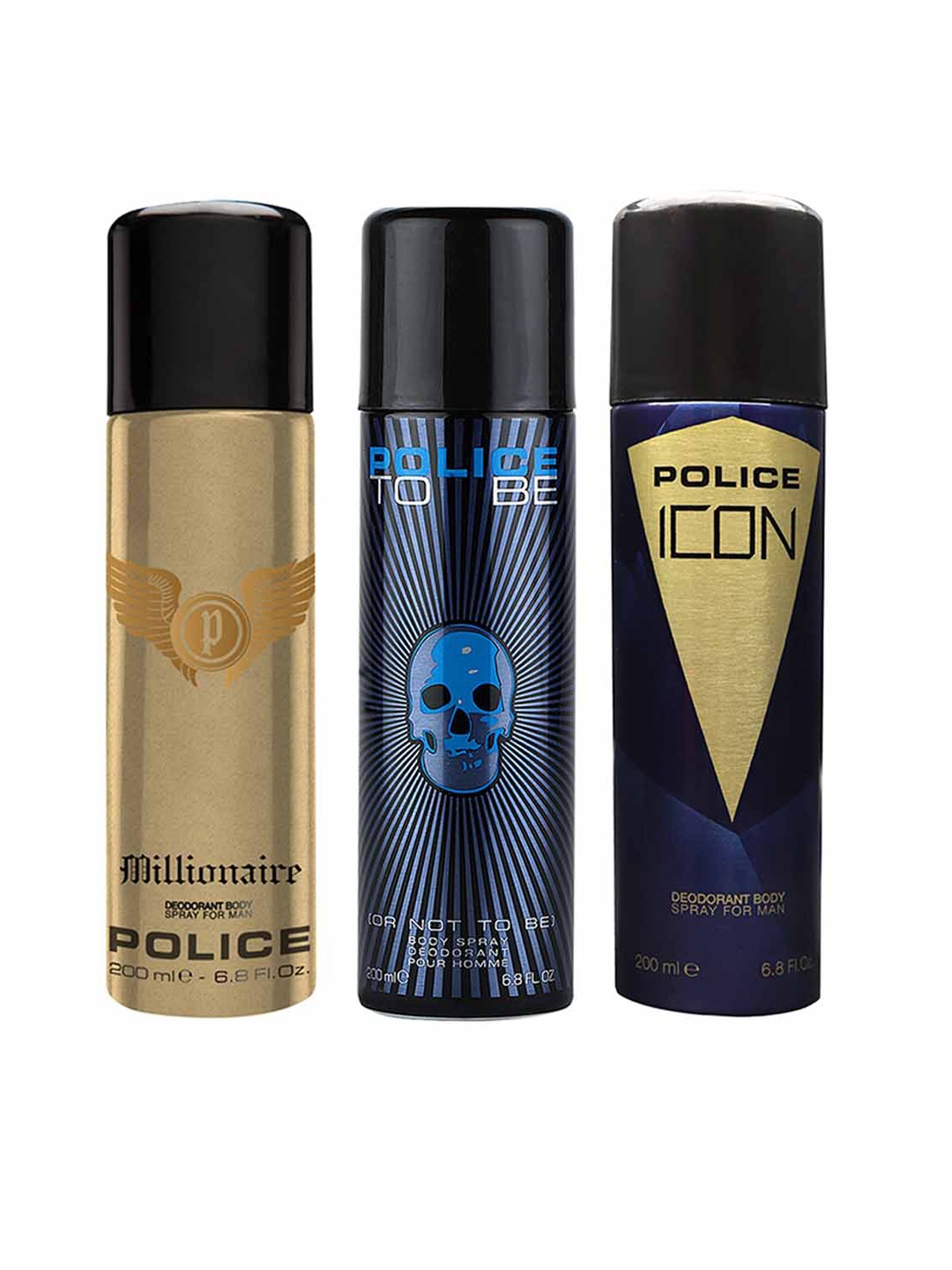 

Police Men Pack of 3 Deodorants - To Be Or Not To Be + Millionaire + Icon - 200ml each, Blue