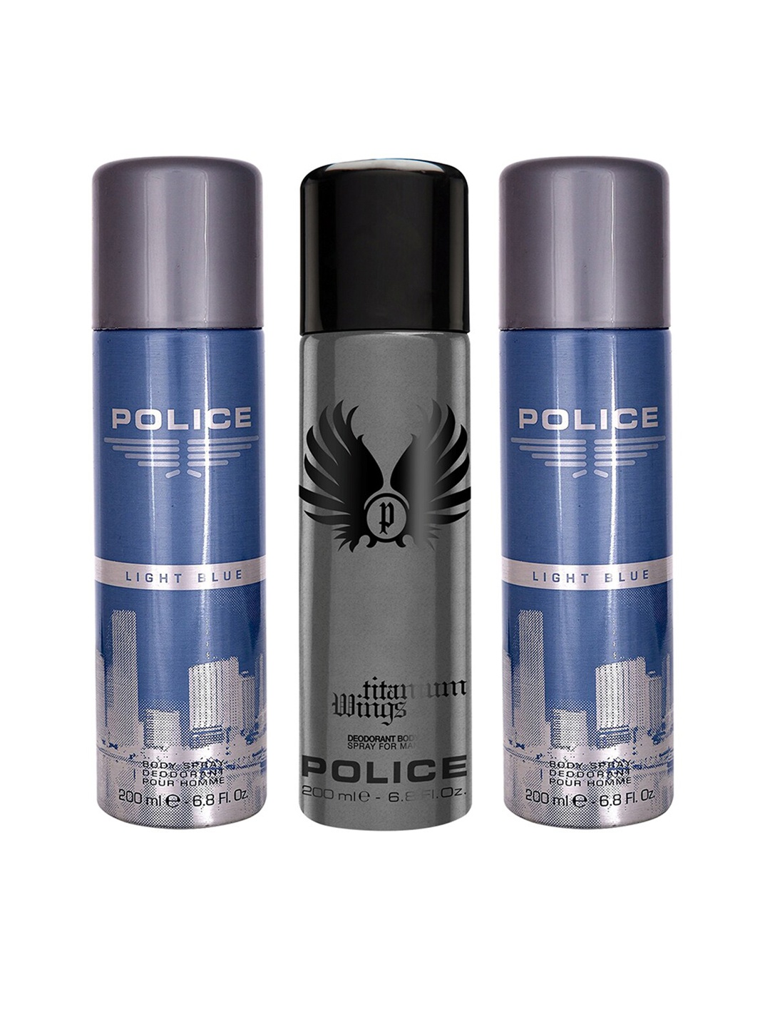 

Police Men Set of 3 Deodorants - 2 Light Blue + Titanium Wings - 200 ml Each, Grey