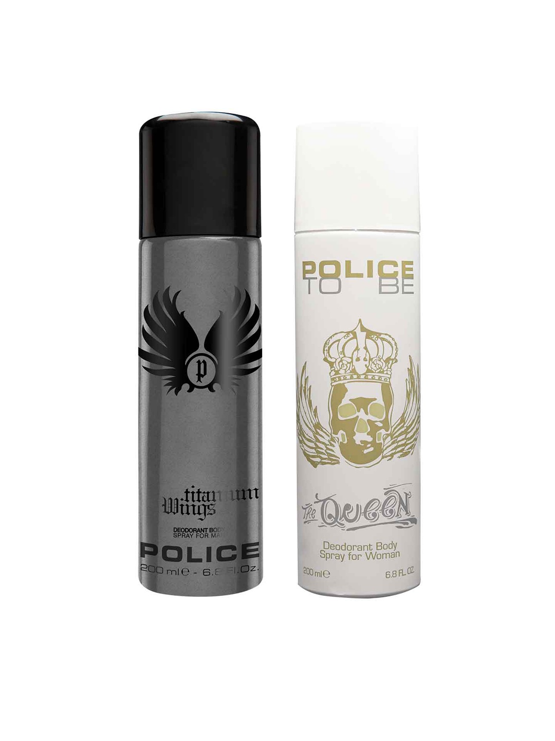 

Police Set Of Men Titanium Wings & Women To Be The Queen Deodorant Body Spray- 200 ml Each, Grey