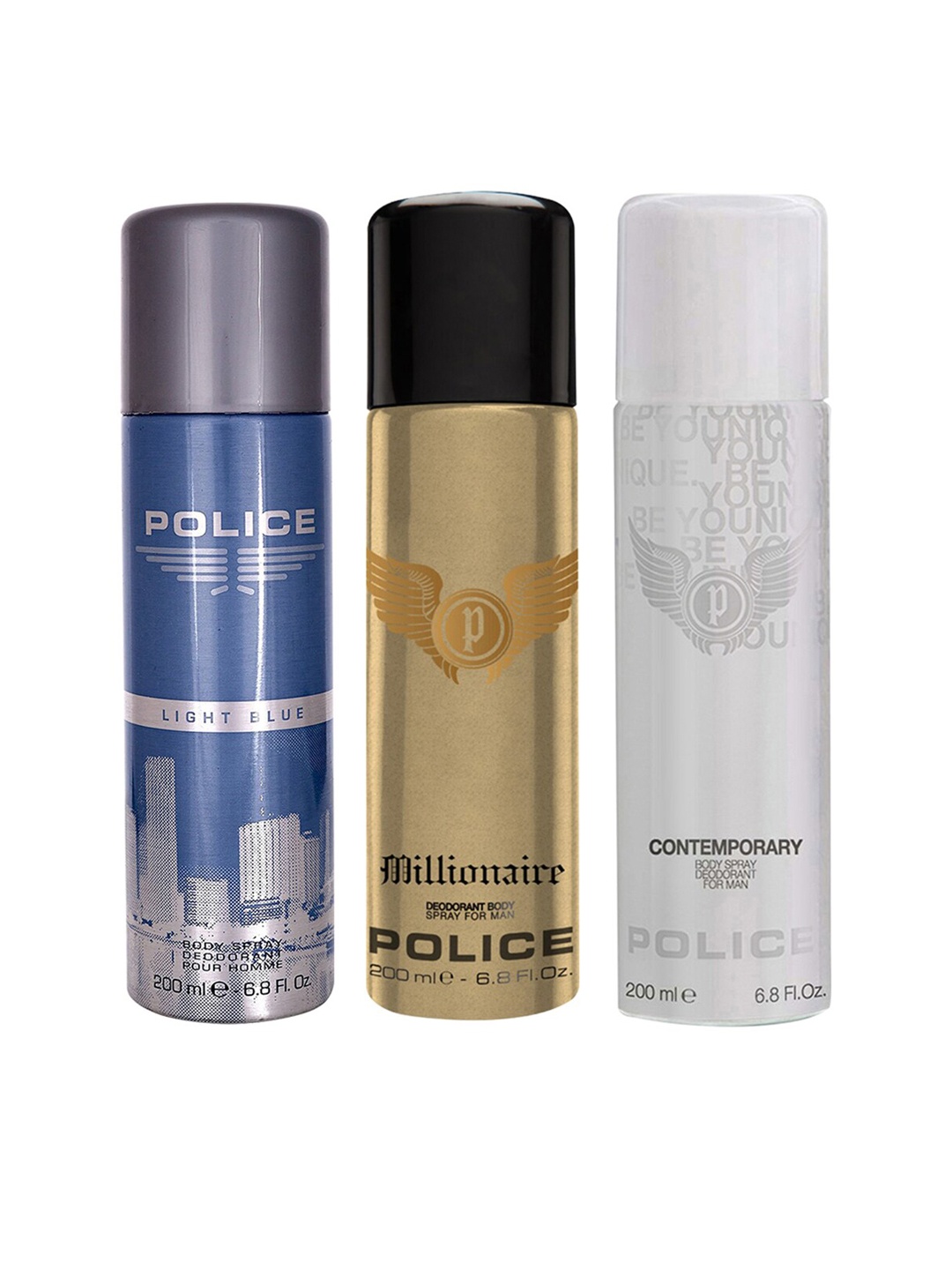 

Men Police Light Blue Millionaire Homme + Contemporary Set Of 3 Deodorant 600ml, Transparent