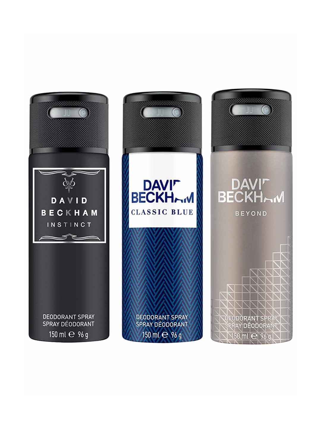 

DAVID BECKHAM Men Pack of 3 Instinct + Classic Blue + Beyond Deodorant Spray - 150 ml Each, Black