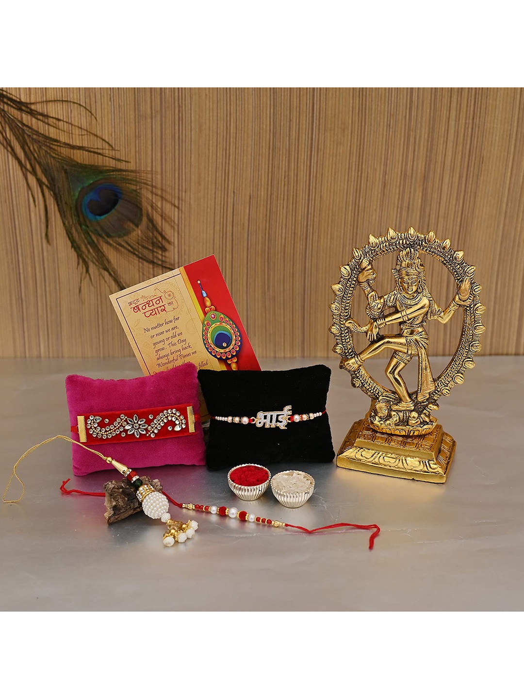 

CraftVatika Gold-Toned & Red Rakhi Set