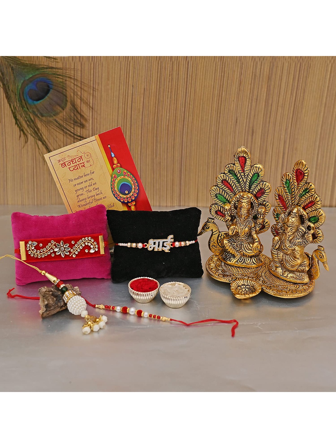 

CraftVatika Gold-Toned & Red Rakhi Set