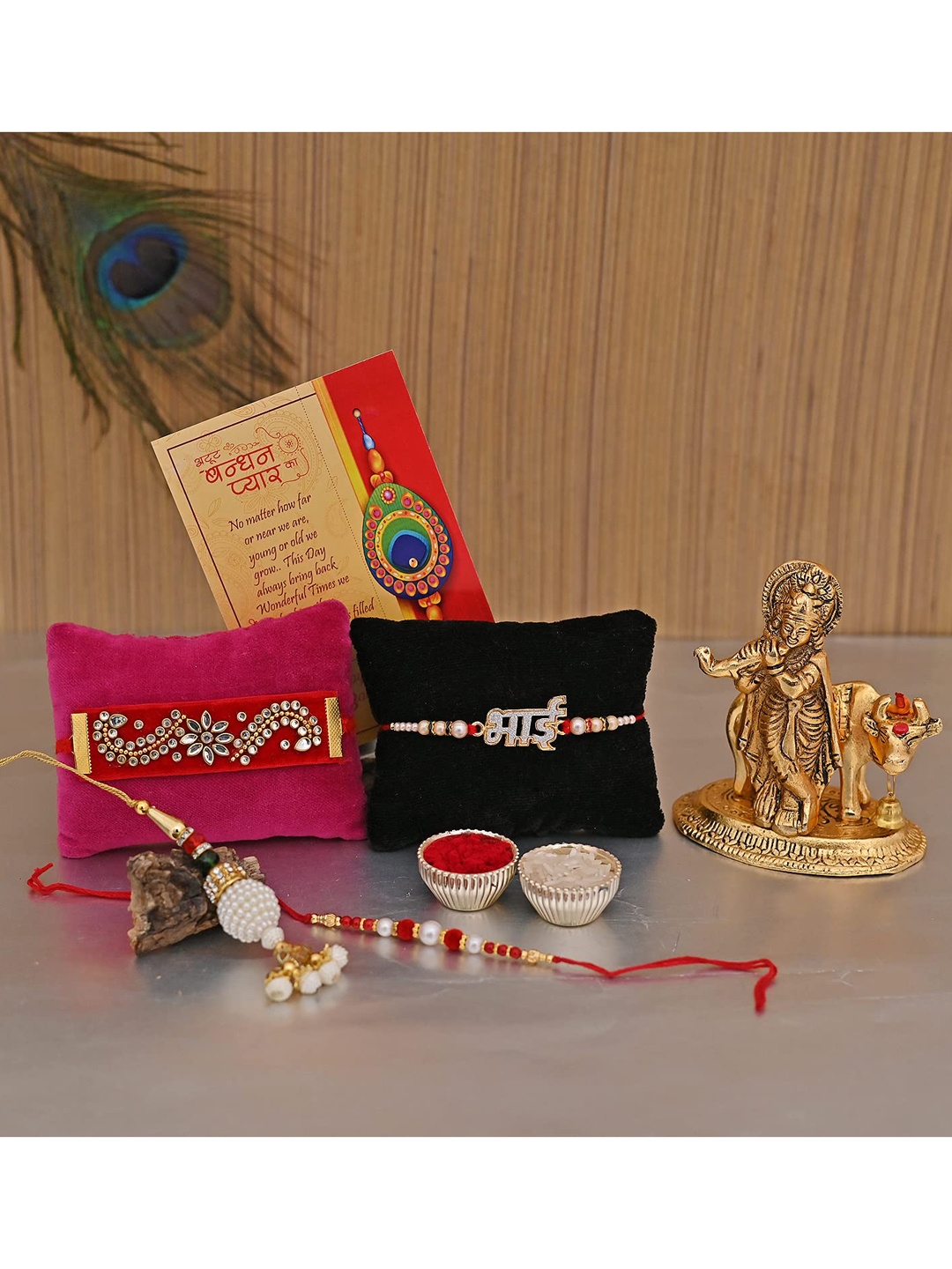 

CraftVatika Set Of 6 Kundan Studded Rakhi With Krishna & Cow Greeting Card & Roli Chawal, Multi