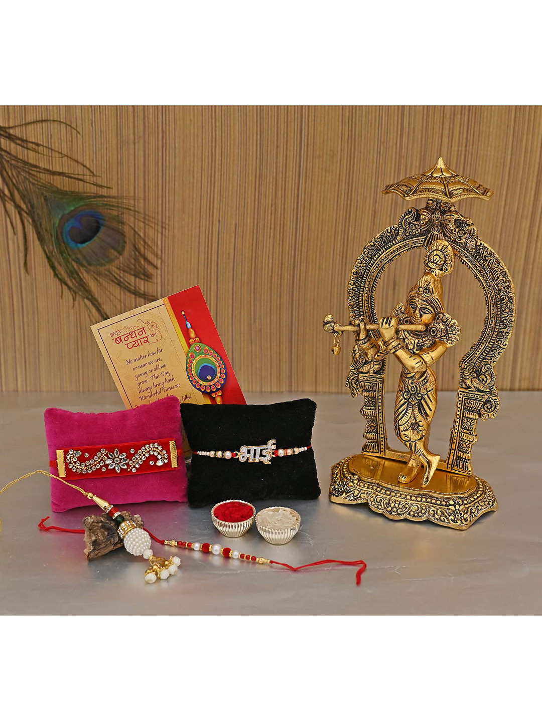 

CraftVatika Set Of 6 Kundan Studded Rakhi With Idol Krishna Greeting Card & Roli Chawal, Multi