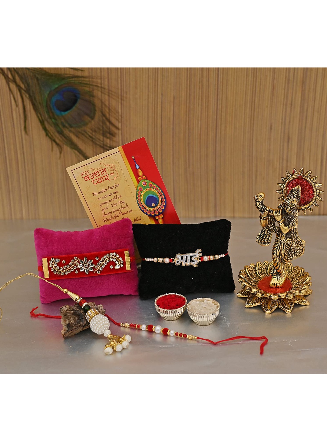 

CraftVatika Multicolored Set of 4 Beaded Rakhi With Krishna Idol, Multi