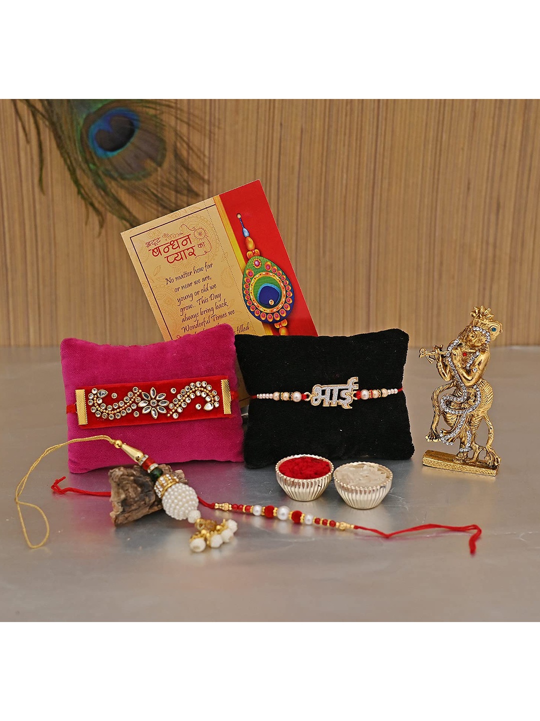 

CraftVatika Multicoloured Set Of 4 Rakhi with Krishna Idol & Greeting Card, Multi