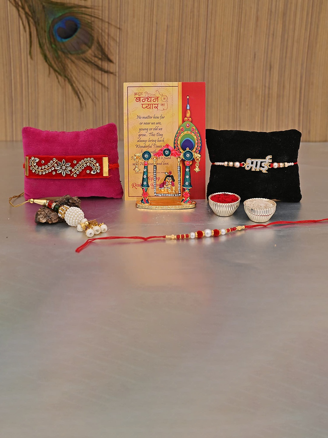 

CraftVatika Set Of 4 Rakhi With Krishna Statue & Greeting Card, Multi