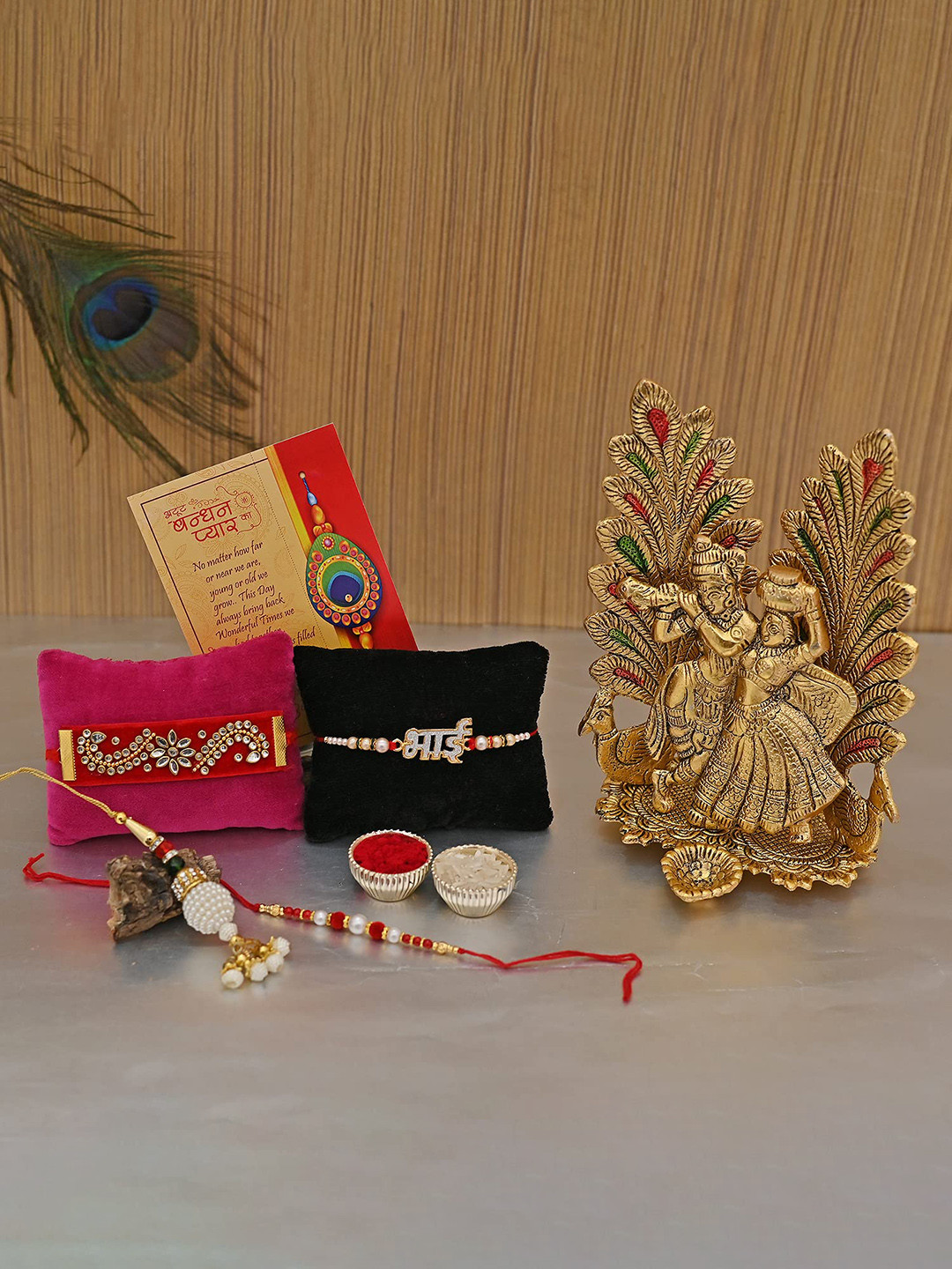 

CraftVatika Set of 4 Rakhi Gift Set with Radha Krishna Idol & Card, Multi