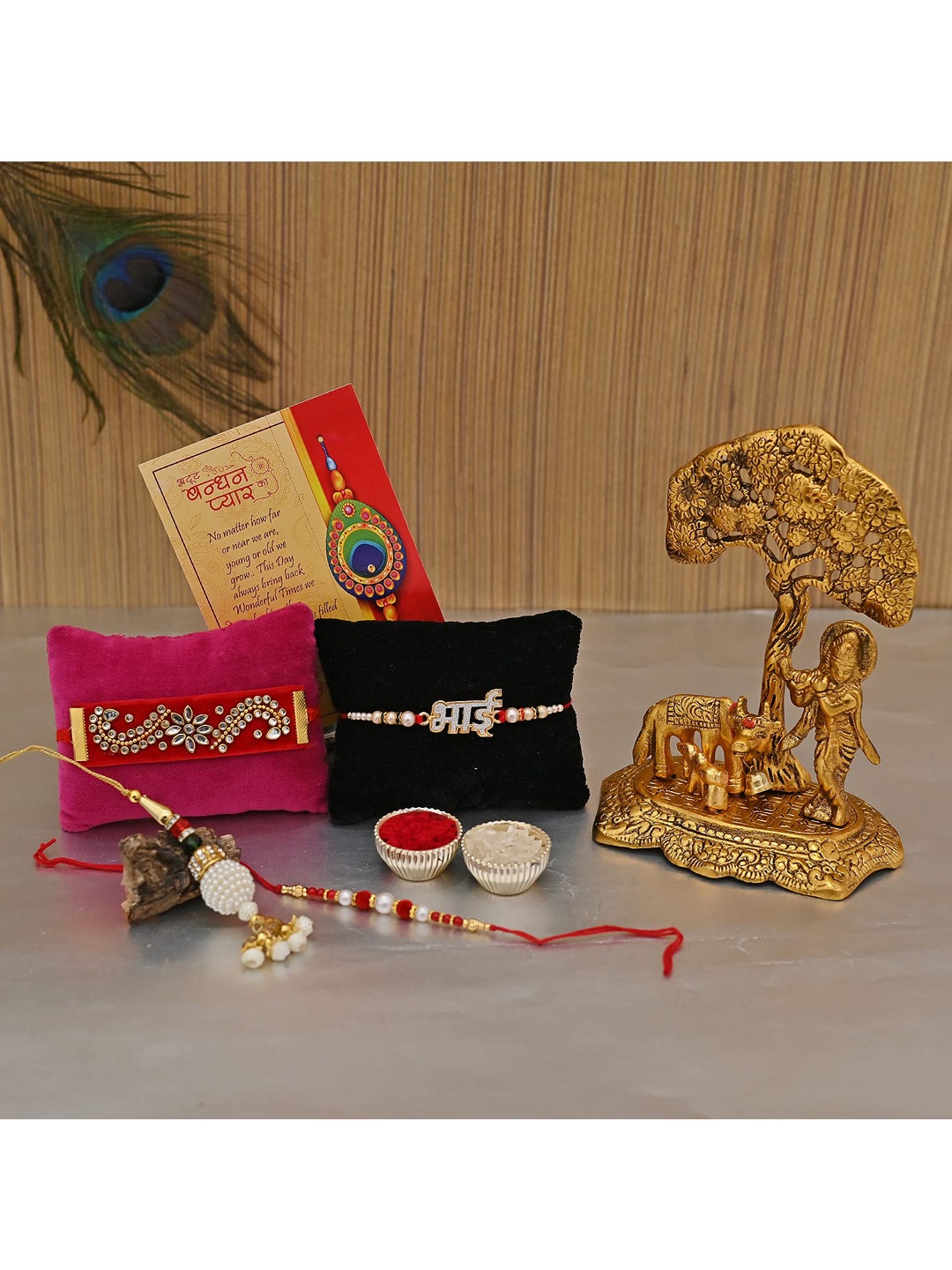 

Craftvatika Set Of 4 Gold-Toned & Red Rakhi Gift Set