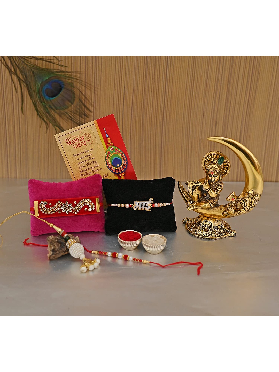 

CraftVatika Gold-toned & Red 4pc Rakhi With Baby Krishna Idol Gift
