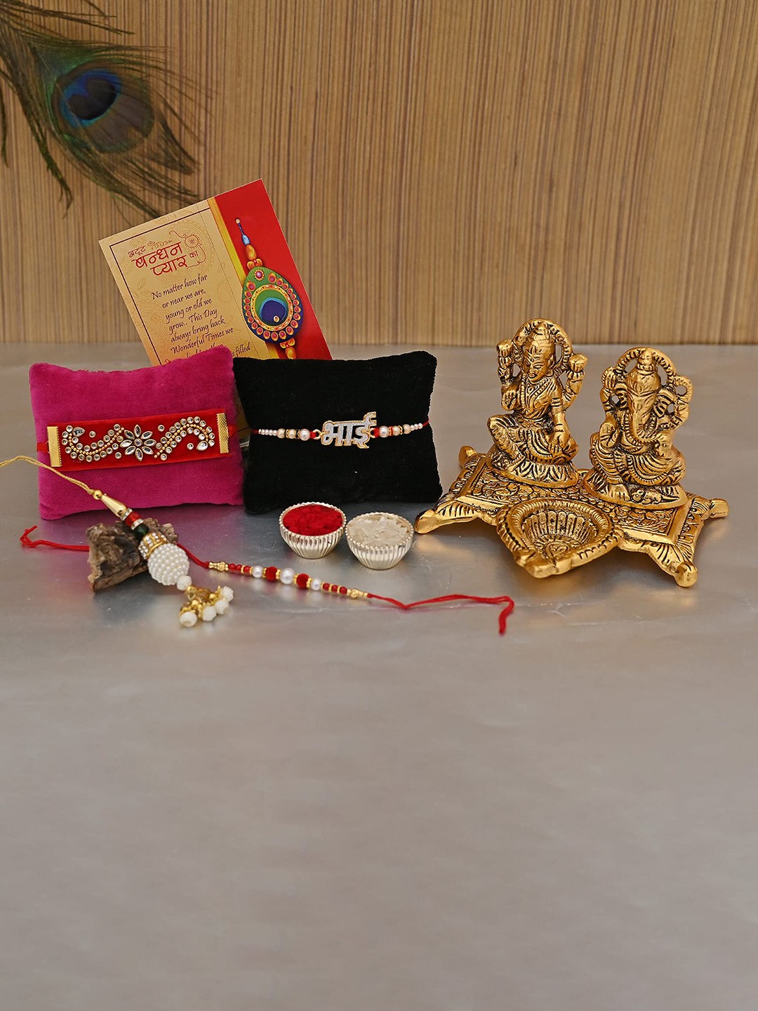 

CraftVatika Rakhi Gift Set with Laxmi Ganesh Showpiece and Card, Multi