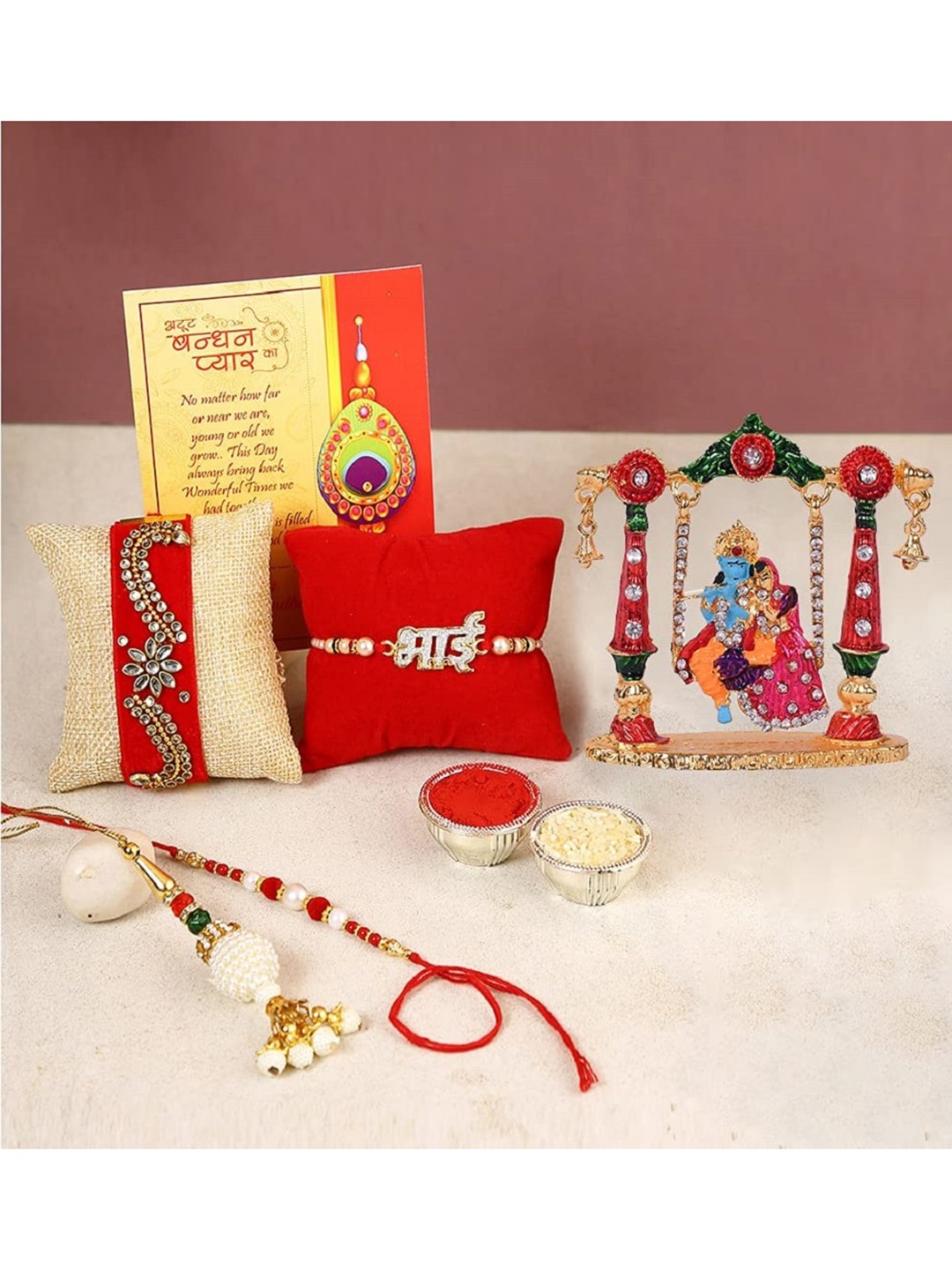 

Craftvatika 5 Pieces Multicolored Beaded Thread Rakhi Radha Krishna Idol Combo Set, Multi