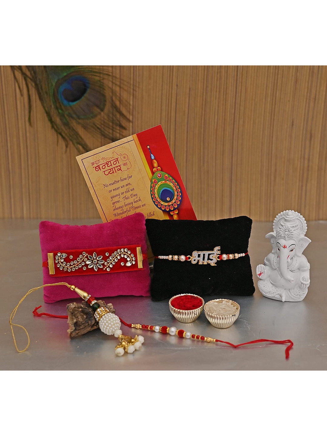 

CraftVatika Set Of 4 Rakhi with Ganesha Idol & Greeting Card, Multi
