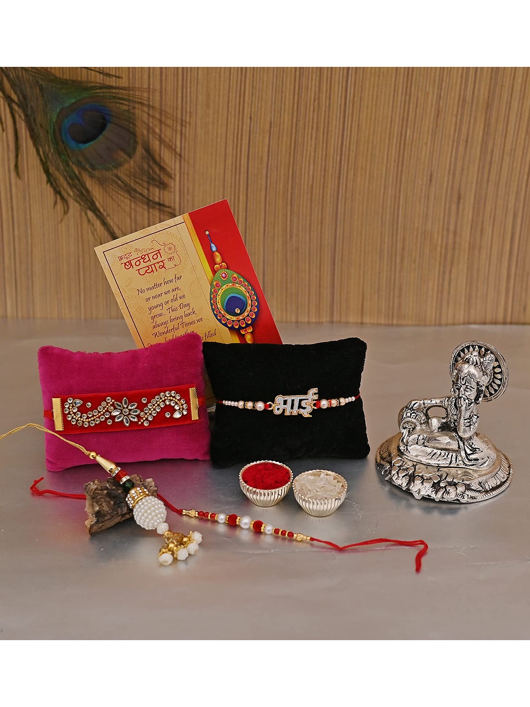 

CraftVatika Set Of 6 Kundan Studded Rakhi With Laddu Gopal Idol Card & Roli Chawal, Multi
