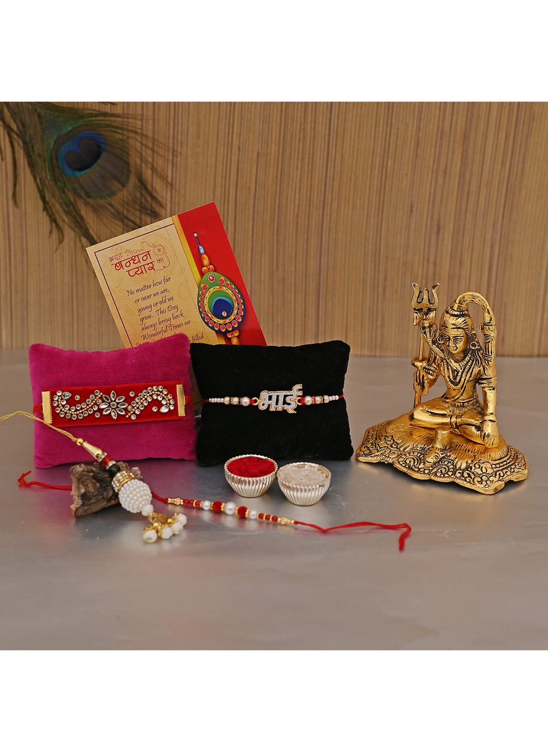 

CraftVatika Gold-Toned & Red Rakhi Set