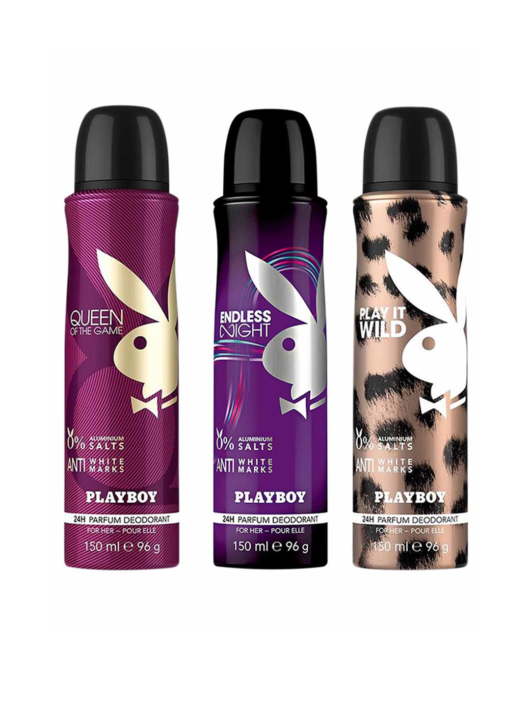 

Playboy Women Set of 3 Deo- Queen Of The Game + Endless Night + Play It Wild - 150ml Each, Purple