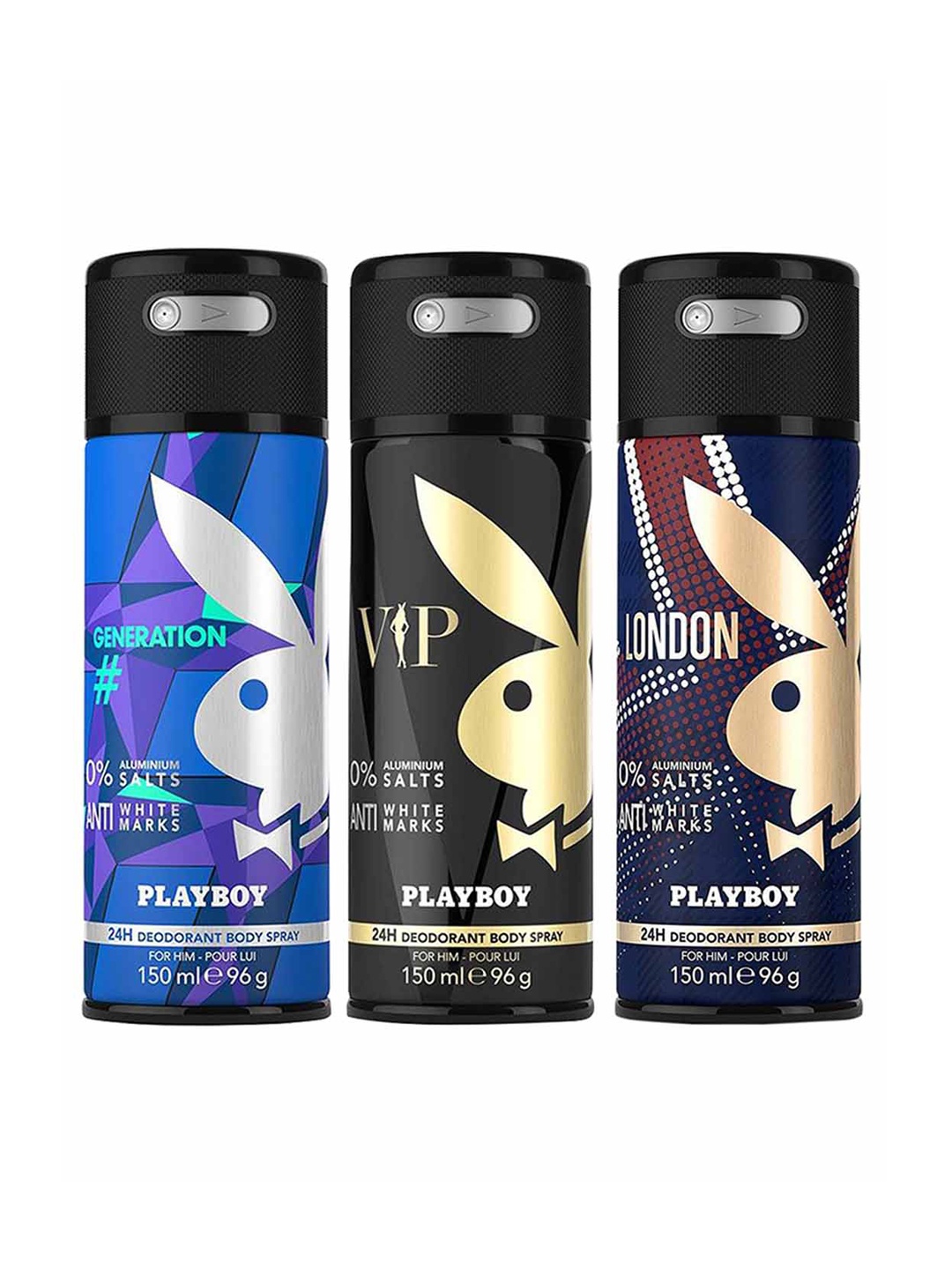 

Playboy Men Set of 3 Deodorant - Generation + VIP + London - 150 ml Each, Blue