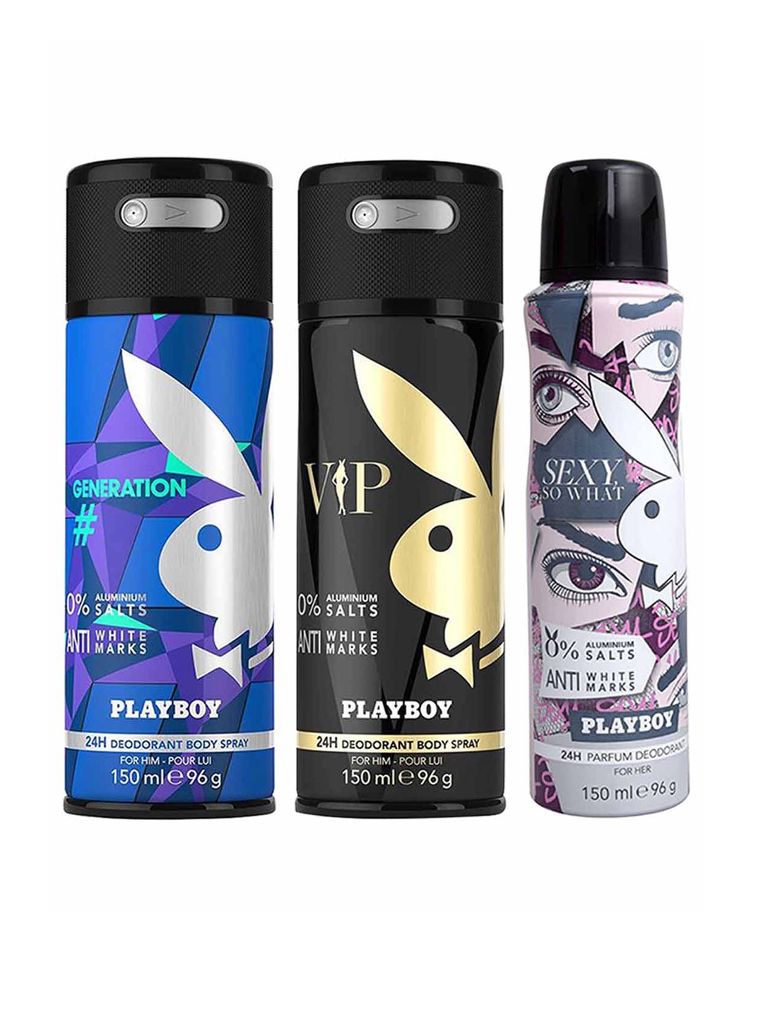 

Playboy Combo Set of Men Generation + VIP M + Sexy So What Deodorant - 150 ml each, Blue