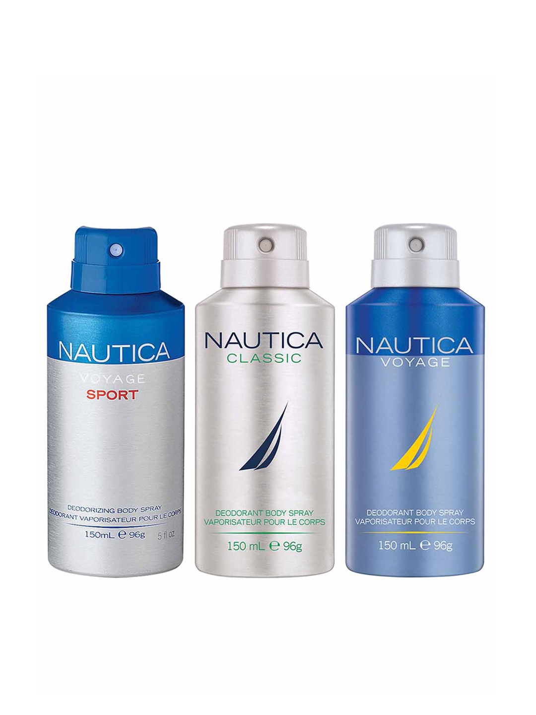 

Nautica Set of 3 Men Deodorant - Classic + Voyage Sport + Voyage - 150 ml Each, Blue