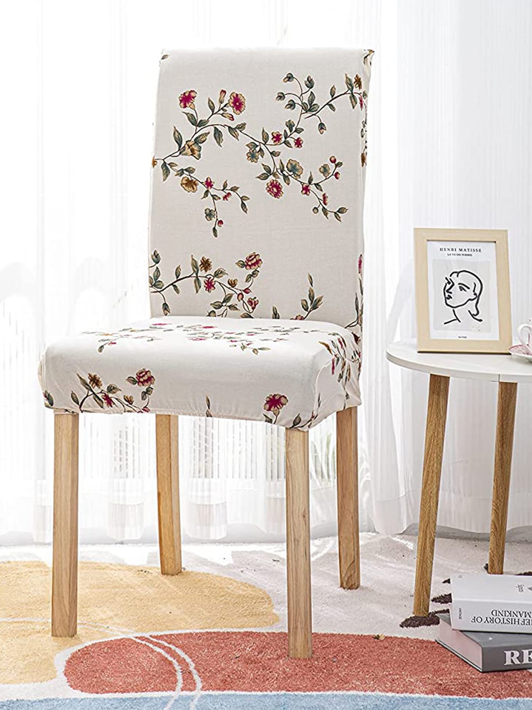 

HOUSE OF QUIRK Cream-Coloured Floral Printed Removable Chair Cover