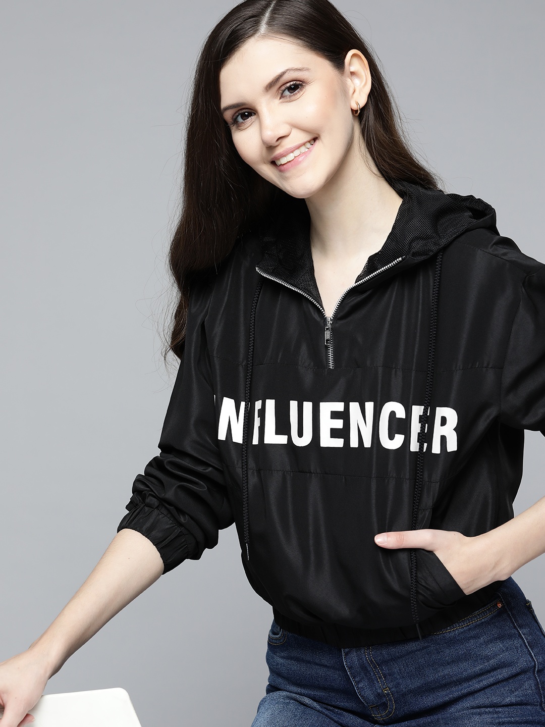 

Mast & Harbour Women Black Printed Hooded Bomber Jacket