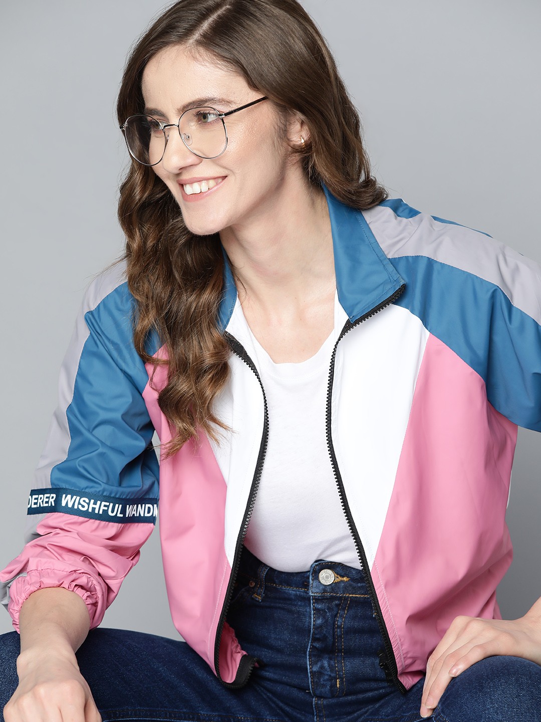 

Mast & Harbour Women Pink & White Colourblocked Bomber Jacket