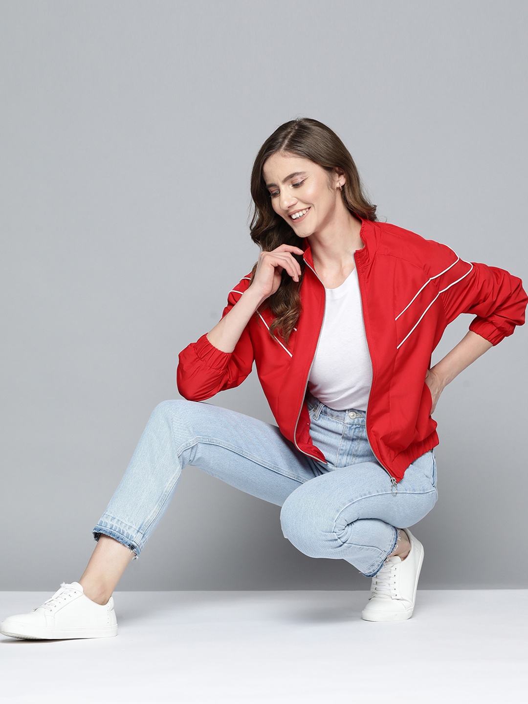 

Mast & Harbour Women Red Mock Collar Bomber Jacket
