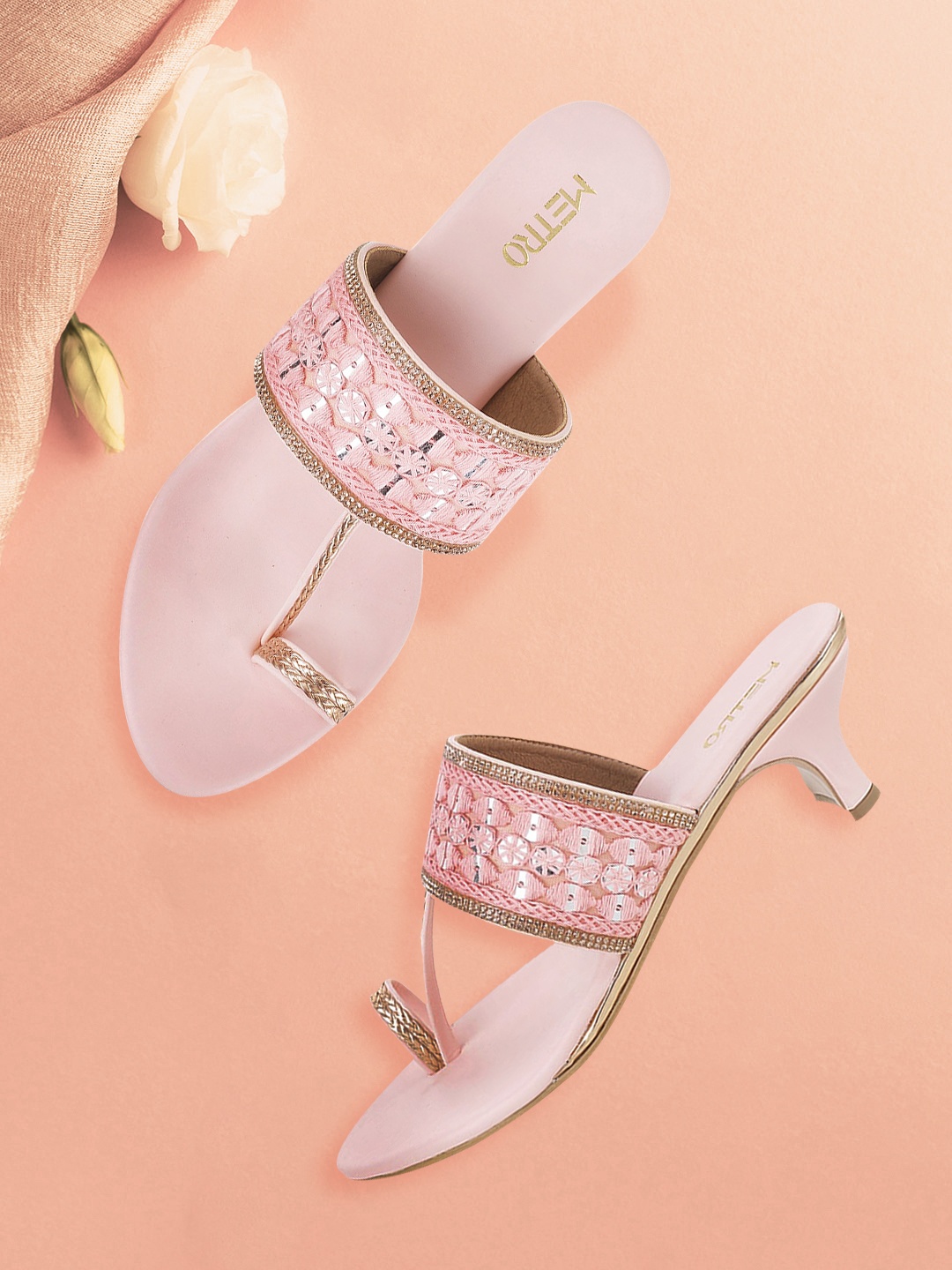 

Metro Pink Embellished Ethnic Kitten Heels