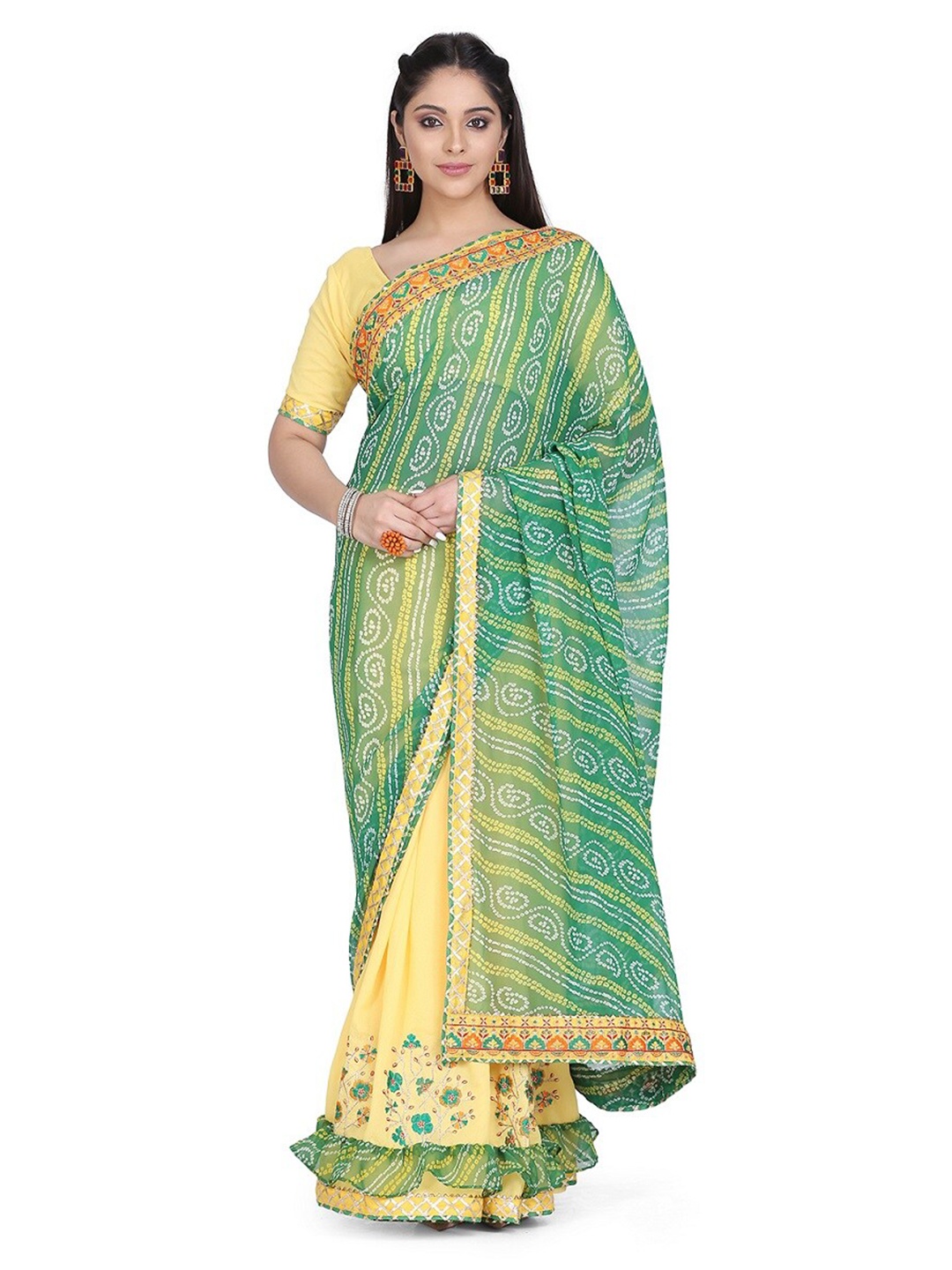 

KALINI Green & Yellow Bandhani Gotta Patti Half and Half Bandhani Saree