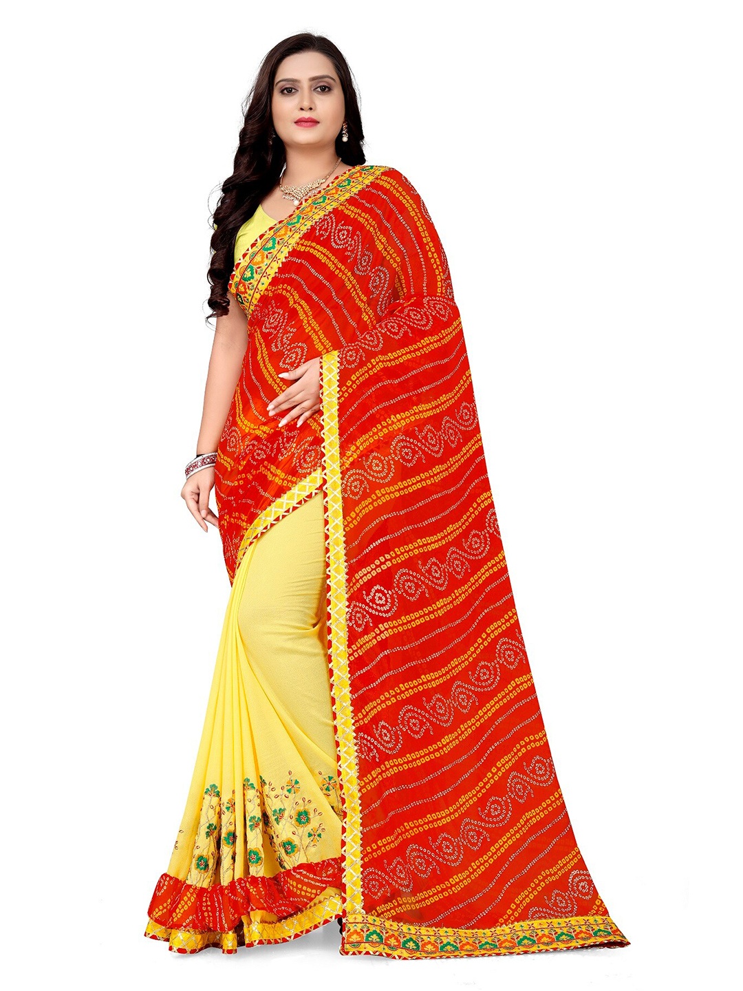 

KALINI Women Red & Yellow Bandhani Gotta Patti Half and Half Bandhani Saree