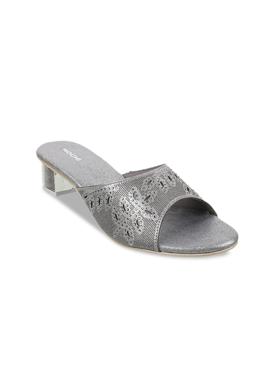 

Mochi Grey Embellished Block Mules with Laser Cuts