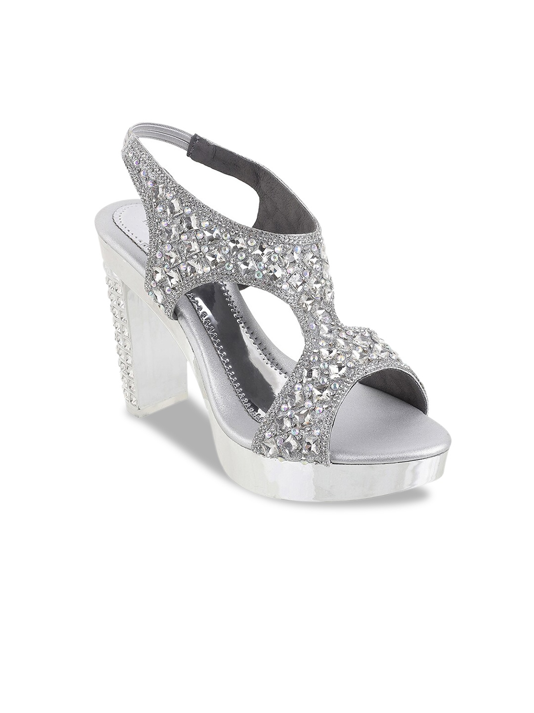 

Mochi Silver-Toned Embellished Block Heels